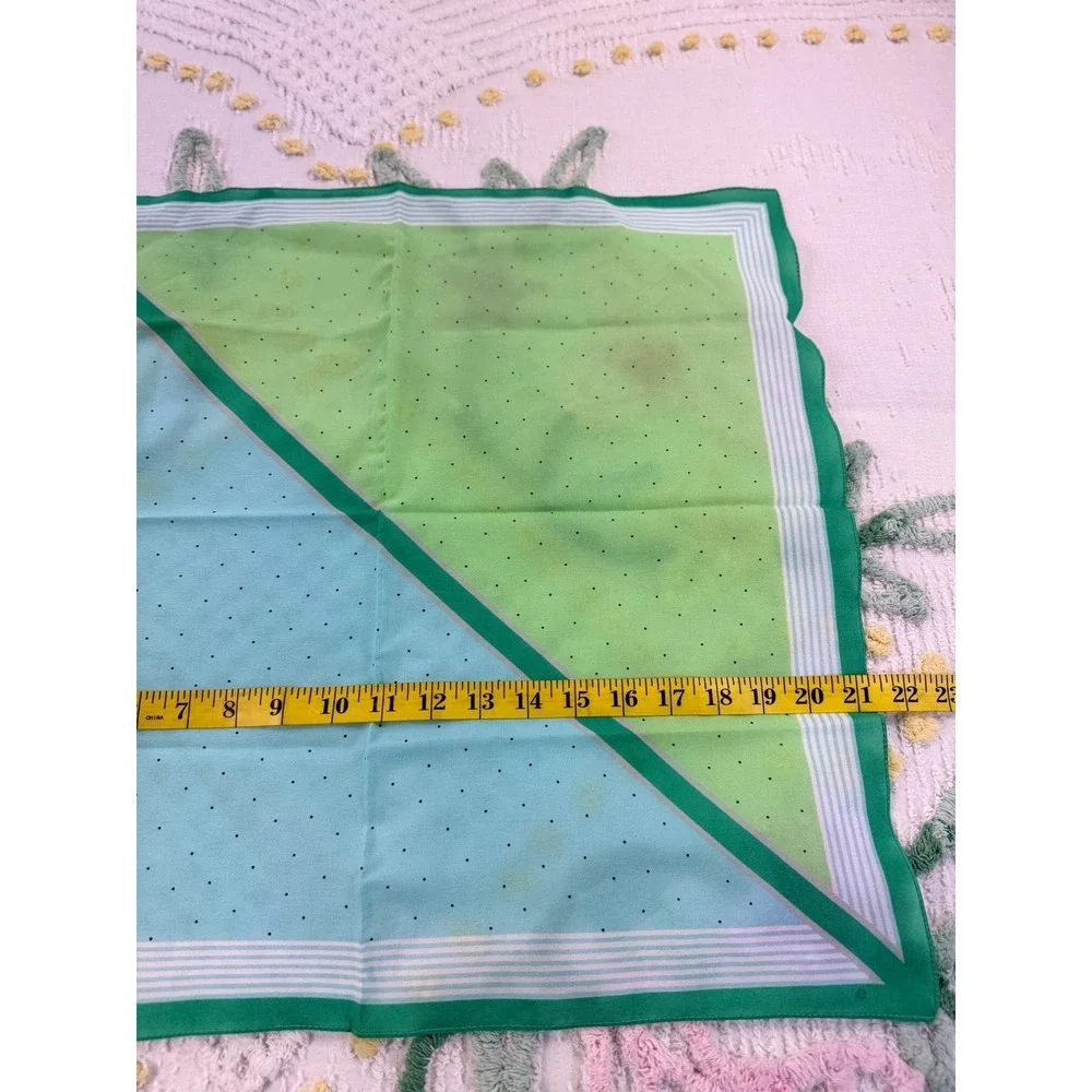 Vintage Made in Italy Green Blue Polka Dot Striped Square Head Scarf Neckerchief